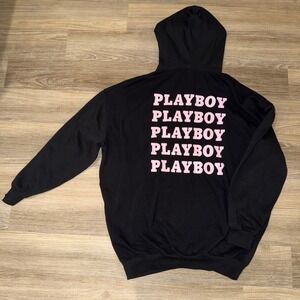 Playboy x Missguided Hoodie Women Size 14 Black Relaxed Fit Pullover Drawstring